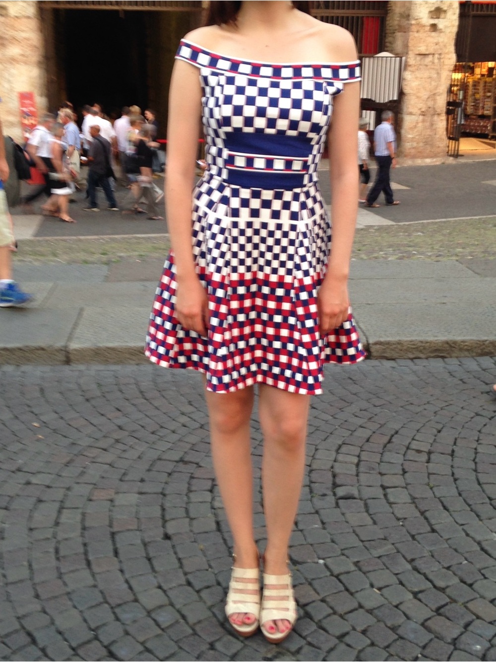 Navy, White & Red Check Off-Shoulder Fit-and-Flare Dress